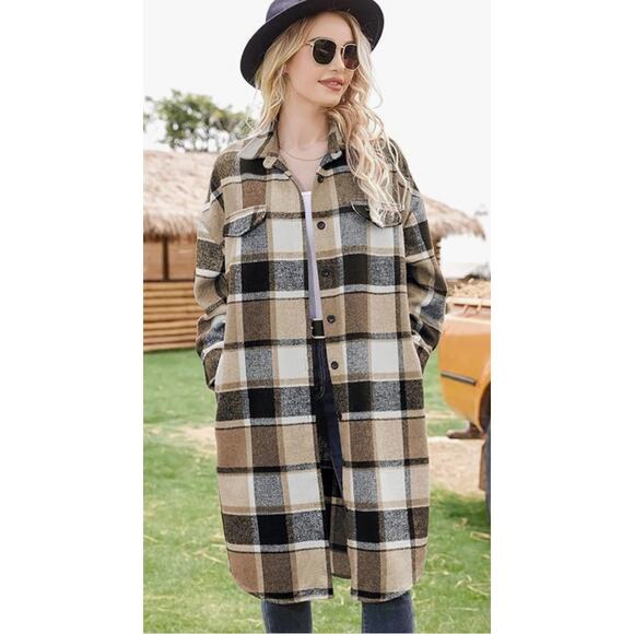 Plaid Shacket Button Wool Blend Long Tartan Trench Coat with Pockets SIZE SMALL - Picture 4 of 6